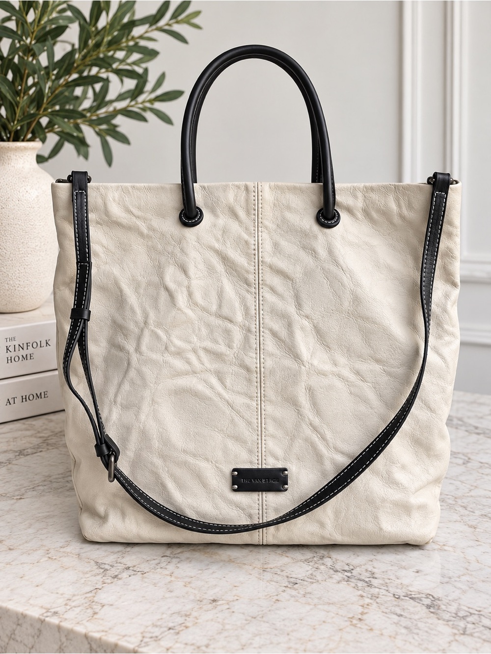 The Van Stage Korean Genuine Leather Cream Tote Bag Made in Korea